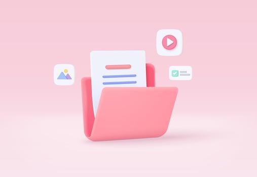 3d folder and paper for management multimedia file, document efficient work on project plan concept. Image and video document minimal folder icon. 3d vector picture render on isolated pink background