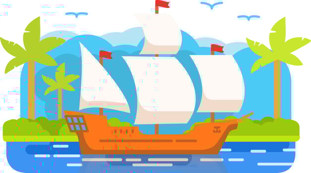 Sailing ship. Summer sea landscape. The tropical island with palm trees. Wooden galleon. Flat illustration vector. vector