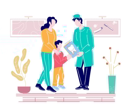 Children Stomatology with doctor and little boy patient in dental clinic. Medical banner with child visit dentist and getting brochure about tooth care and oral hygiene. Flat vector Illustration.