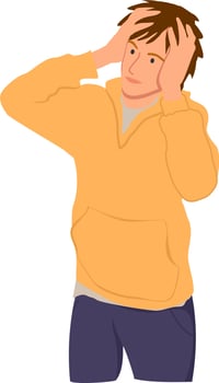 Surprised, shocked or perplexed hipster man holding hands on head, wide opens his eyes. Amazed guy in yellow jacket vector