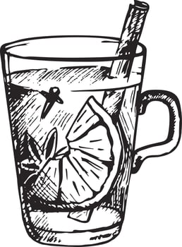 Hot grog cocktail. Hand-drawn sketch style Christmas winter or autumn warm drink in a coupe glass vector