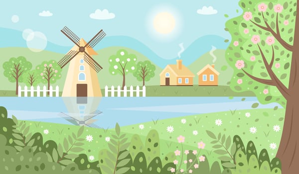 Summer landscape with mountains, trees, fields, river, houses, windmill and flowers. Panoramic countryside. vector