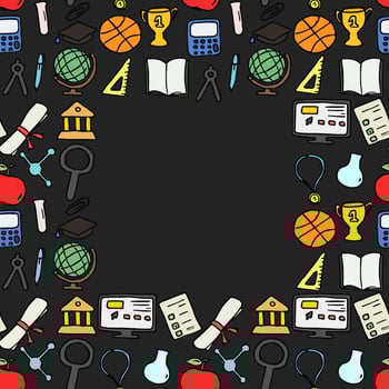 Colored seamless vector pattern with education icons. Doodle vector education and school icons on black background with place for text. Vintage education pattern