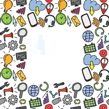 Colored seamless doodle pattern with business and technology set icons. Doodle vector  business icons on white background with place for text