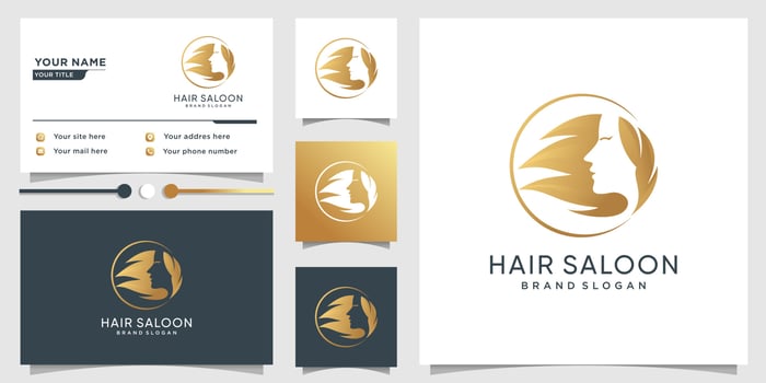 Hair saloon logo template with beauty woman style and business card design Premium Vector