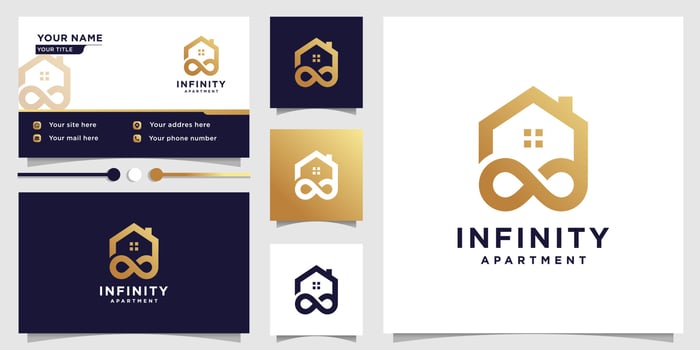 Apartment logo template with golden infinity concept and business card design Premium Vector