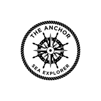 Marine retro emblems logo with rope, compass, and steering ship vector