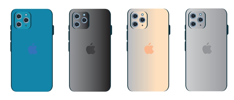 Realistic iPhone 13 Pro. Smartphone mockup Graphite, Gold, Silver, Sierra Blue color. Models smartphone with transparent screens. 3D mobile phone with shadow on white background vector
