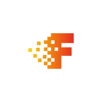 Colorful letter F fast pixel dot logo. Pixel art with the letter F. Integrative pixel movement. Creative scattered technology icon. vector