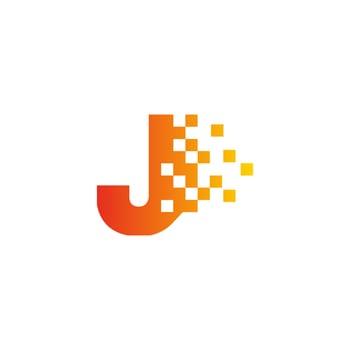 Colorful letter J fast pixel dot logo. Pixel art with the letter J. Integrative pixel movement. Creative scattered technology icon. vector