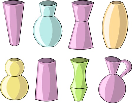 Set with purple, blue, yellow, green and orange vases vector