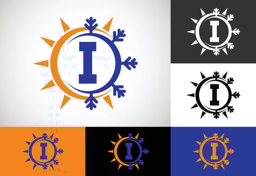 Initial I monogram alphabet with abstract sun and snow. Air conditioner logo sign symbol. Hot and cold symbol. vector