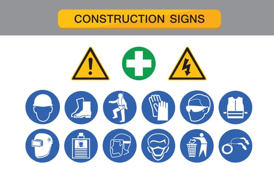 construction sign, protective equipment , protection on work,  industry health and safety icon vector collection.