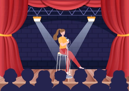 Stand Up Comedy Show Theater Scene with Red Curtains and Open Microphone to Comedian Performing on Stage in Flat Style Cartoon Illustration vector