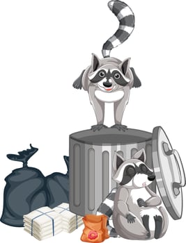 Raccoons searching food by trashcan vector
