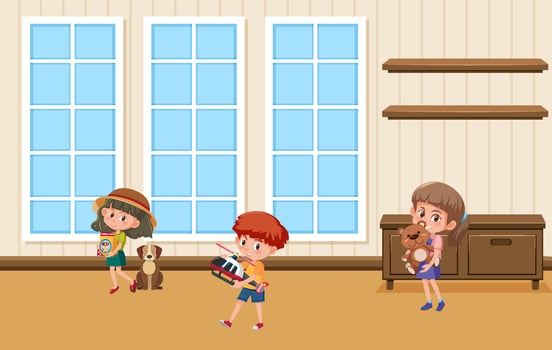 Children holding their toys in the room scene vector