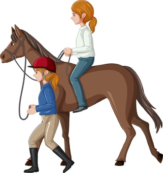 A girl riding on a horse with hostler on white background vector
