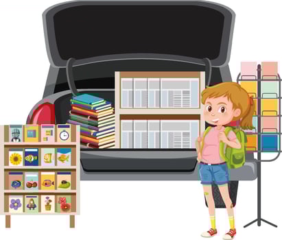 Girl looking at books on the truck vector