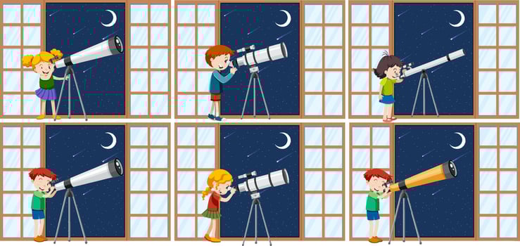 Set of different kids observe night sky with telescope vector