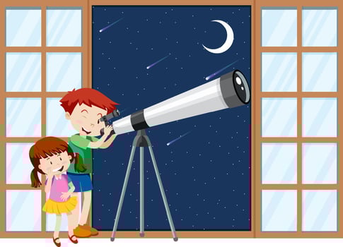 Kids observe night sky with telescope vector