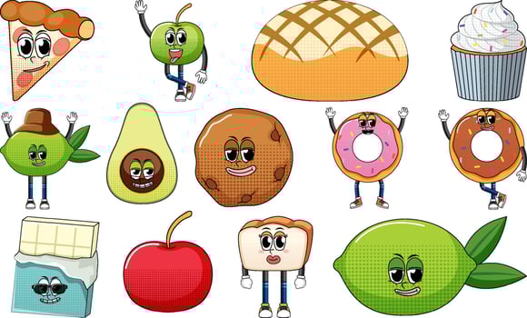 Set of facial expression with vintage style food cartoon on white background vector