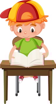 Boy reading book on school desk vector