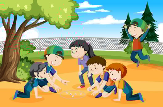 Children playing jack stones at the park vector