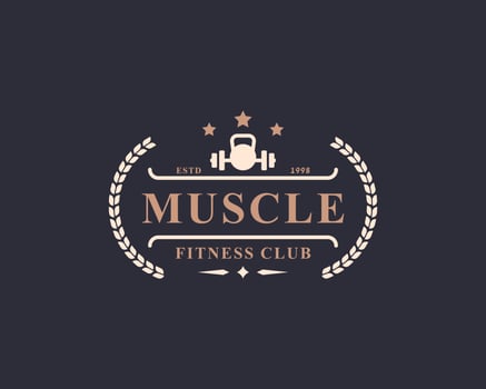 Vintage Retro Badge Fitness Center and Sport Gym Logos typographic with Sport Equipment Signs and Silhouettes vector