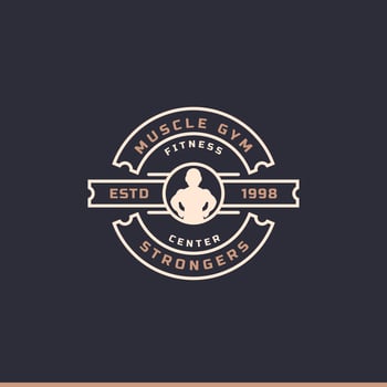 Vintage Retro Badge Fitness Center and Sport Gym Logos typographic with Sport Equipment Signs and Silhouettes vector