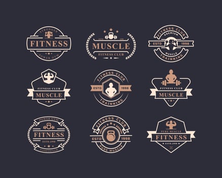 Set of Vintage Retro Badge Fitness Center and Sport Gym Logos typographic with Sport Equipment Signs and Silhouettes vector