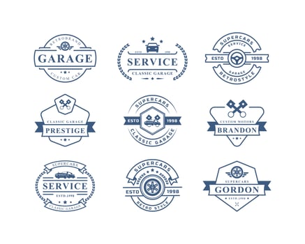 Set of Vintage Retro Badge Car Logo Emblem. Classic Cars Repairs, Tire Service Silhouettes vector
