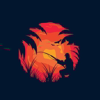 Angler Fishing Silhouette logo illustration in Sunset Outdoor design vector