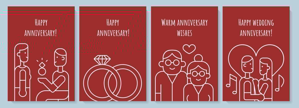 Anniversary postcard with linear glyph icon set. Married couple congrats. Greeting card with decorative vector design. Simple style poster with creative lineart illustration. Flyer with holiday wish