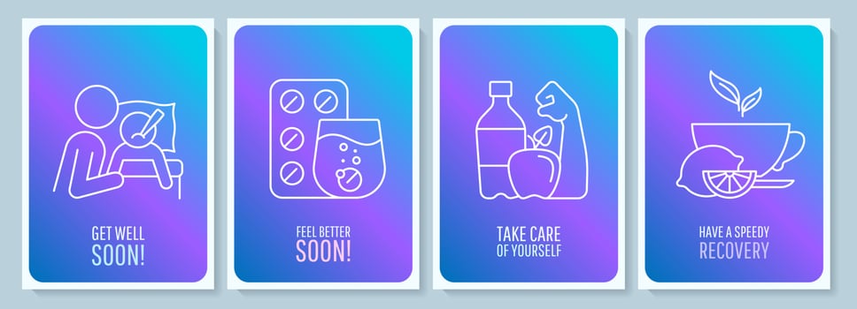 Recovery blue gradient postcard with linear glyph icon set. Greeting card with decorative vector design. Simple style poster with creative lineart illustration. Flyer with holiday wish