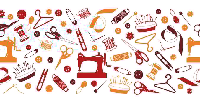 Sewing Tools Border, Banner with Hand Drawn Elements. Tailoring accessories - threads, scissors, needles, pins, buttons. Vector Template for seamstress, atelier, fashion design