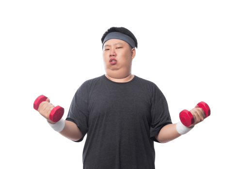 Young Asian fat man is exercising with his dumbbell, Png file