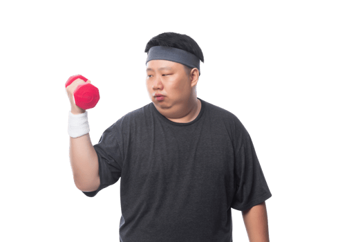 Young Asian fat man is exercising with his dumbbell, Png file