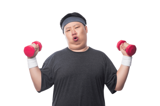 Young Asian fat man is exercising with his dumbbell, Png file