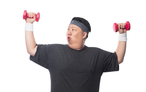 Young Asian fat man is exercising with his dumbbell, Png file