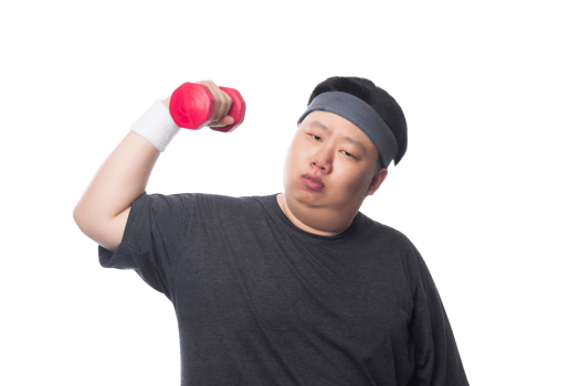 Young Asian fat man is exercising with his dumbbell, Png file