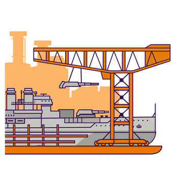 Military factory.Construction at the shipyard battleship with artillery towers.Warship.Flat line art vector.Isolated on white background. vector