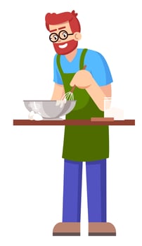 Bearded man preparing pie dough semi flat RGB color vector illustration. Standing figure. Person participating in cooking class for adults isolated cartoon character on white background