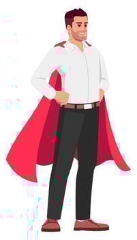 Office worker with superhero cloak semi flat RGB color vector illustration. Standing figure. Person celebrating professional achievement isolated cartoon character on white background