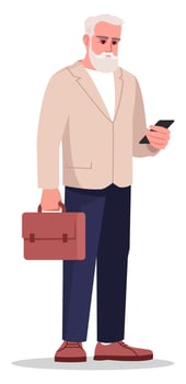 Grey bearded businessman semi flat RGB color vector illustration. Standing figure. Middle aged boss. Successful mature man. Elderly office worker isolated cartoon character on white background