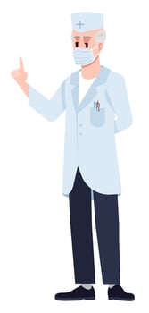 Giving instructions to patients semi flat RGB color vector illustration. Posing figure. Preventative measures. Elderly doctor wearing face mask isolated cartoon character on white background