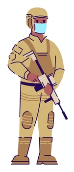 Precautionary measure for soldier semi flat RGB color vector illustration. Posing figure. Preventative measures. Military man wearing face mask isolated cartoon character on white background