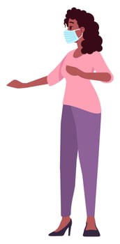 Girl stretching hands semi flat RGB color vector illustration. Posing figure. Preventative measures for covid. Curly haired woman wearing mask isolated cartoon character on white background