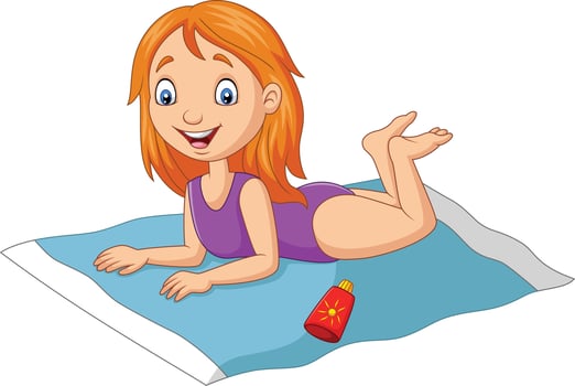 Cartoon girl in a swimsuit lying down on the beach vector