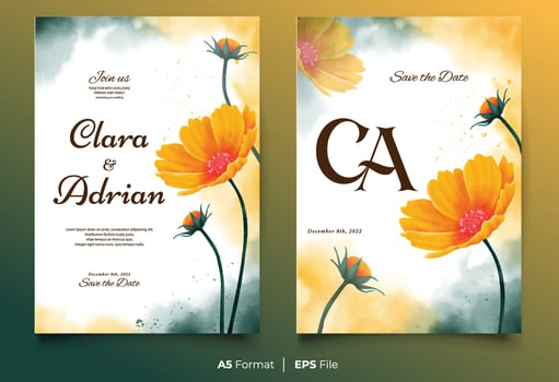 Watercolor wedding invitation template with yellow flower ornament vector