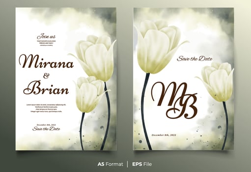 Watercolor wedding invitation template with white flower ornament vector